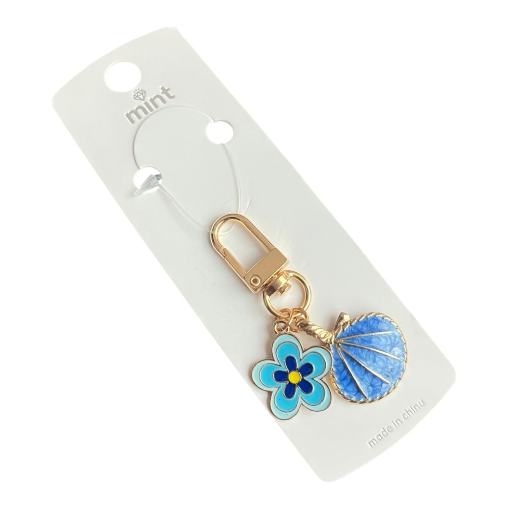 Mint Key Chain Women's Blue Gold-Tone 2.5" Flower Seashell Charm Enamel